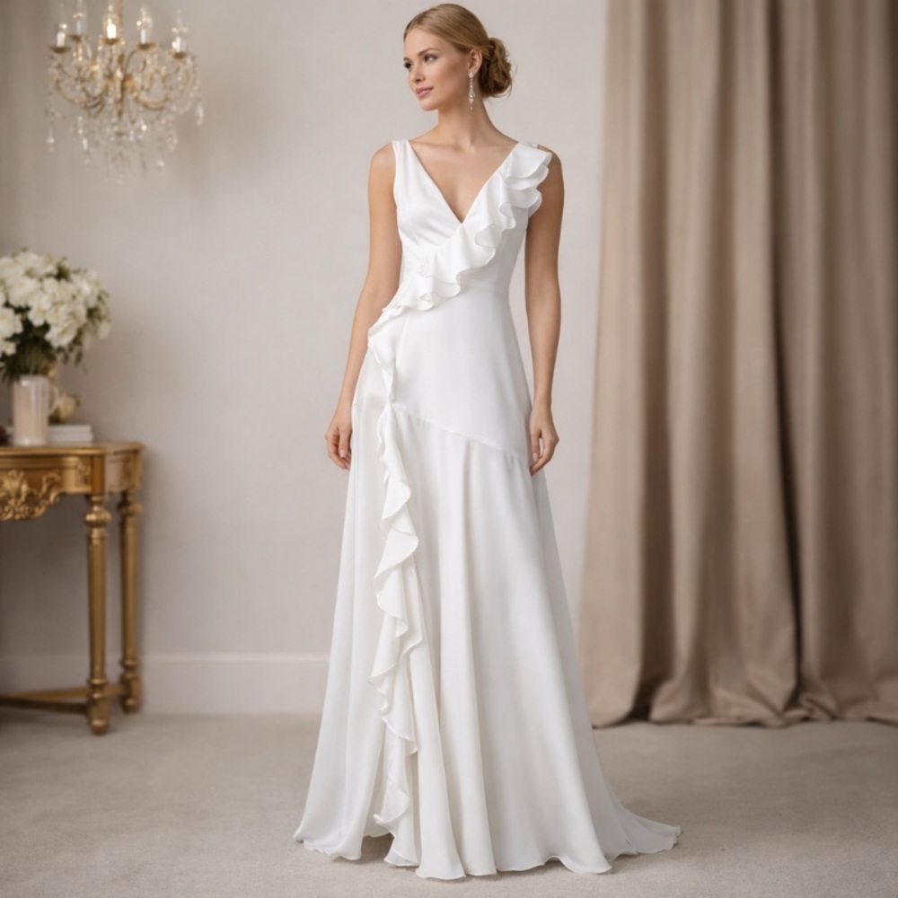 Minuet NWOT White Ruffle V-Neck Tie Back Romantic Bridal Maxi Gown Dress Size L